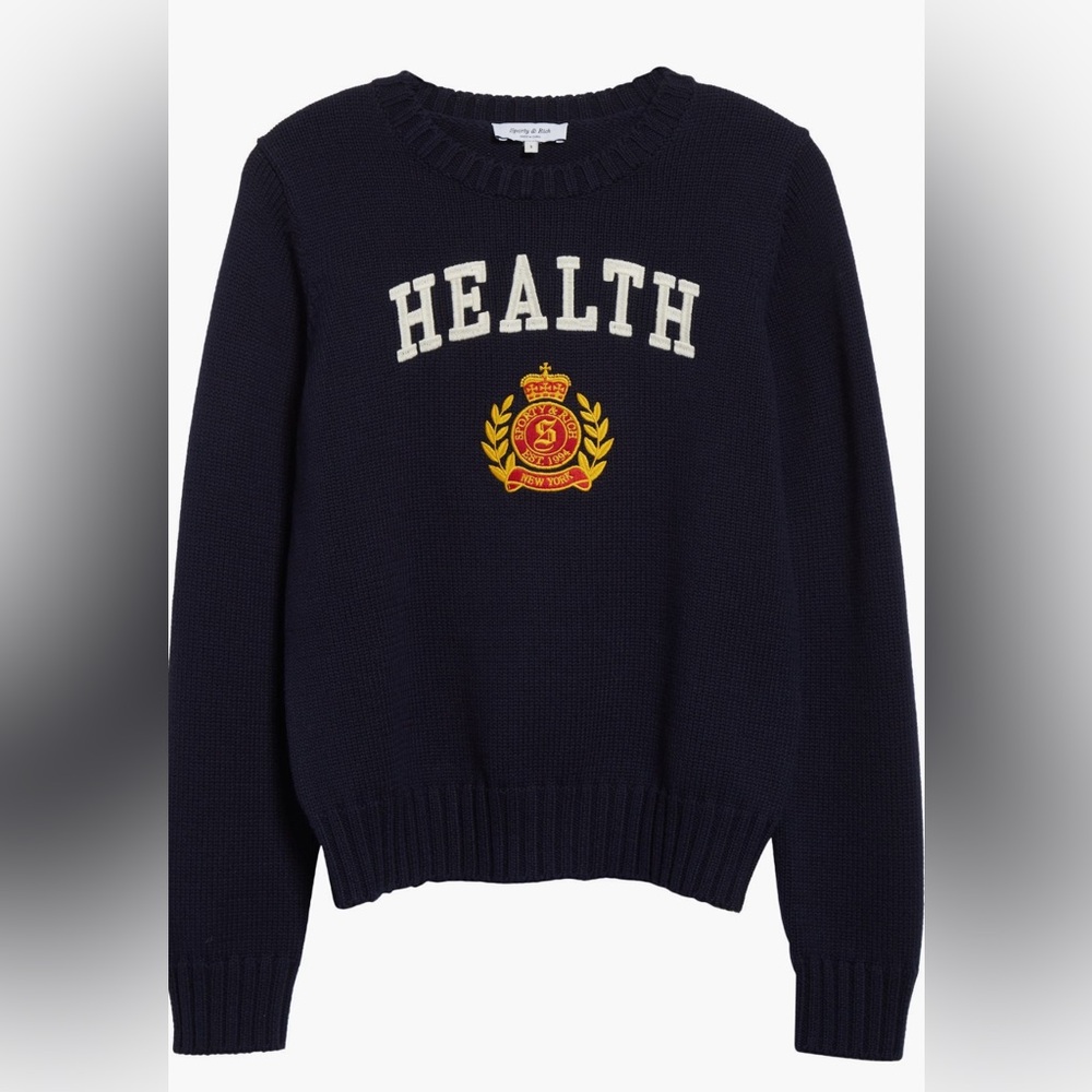 Sporty and Rich brand Medium NWT Navy Blue Cotton Crewneck Health Crest Sweater - Picture 11 of 16